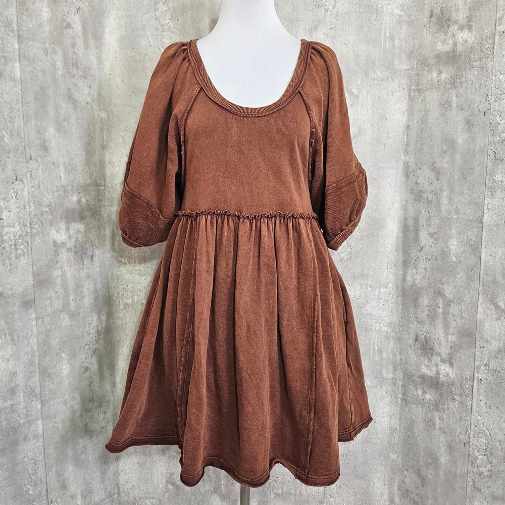 Brown Mineral Wash French Terry Puff Sleeve Babydoll Mini Dress Women S